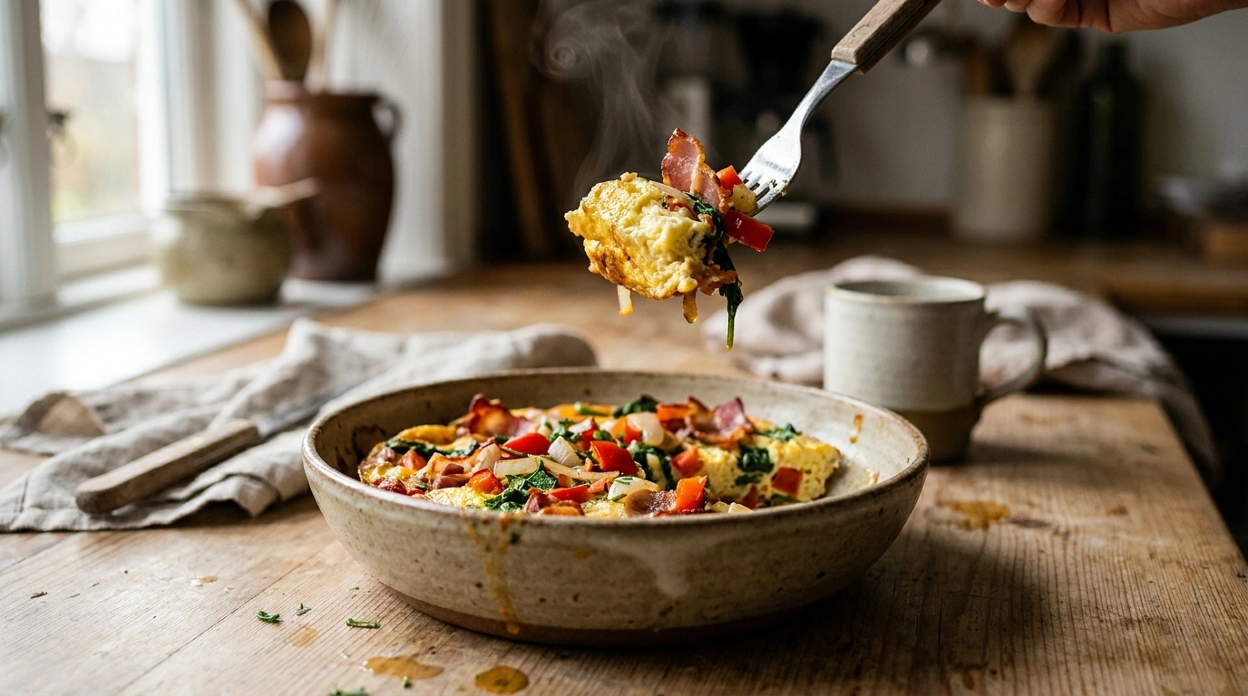 Nem æggekage med bacon og grøntsager